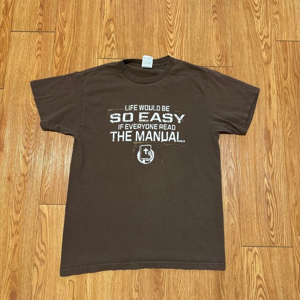 Vintage Jesus Men's Shirt Manual Bible Prayer Salvation Brown Size Medium